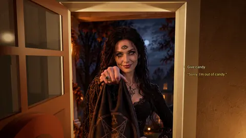 A woman with a third eye holds out a bag while the choices Give candy and Sorry, I'm out of candy appear beside her