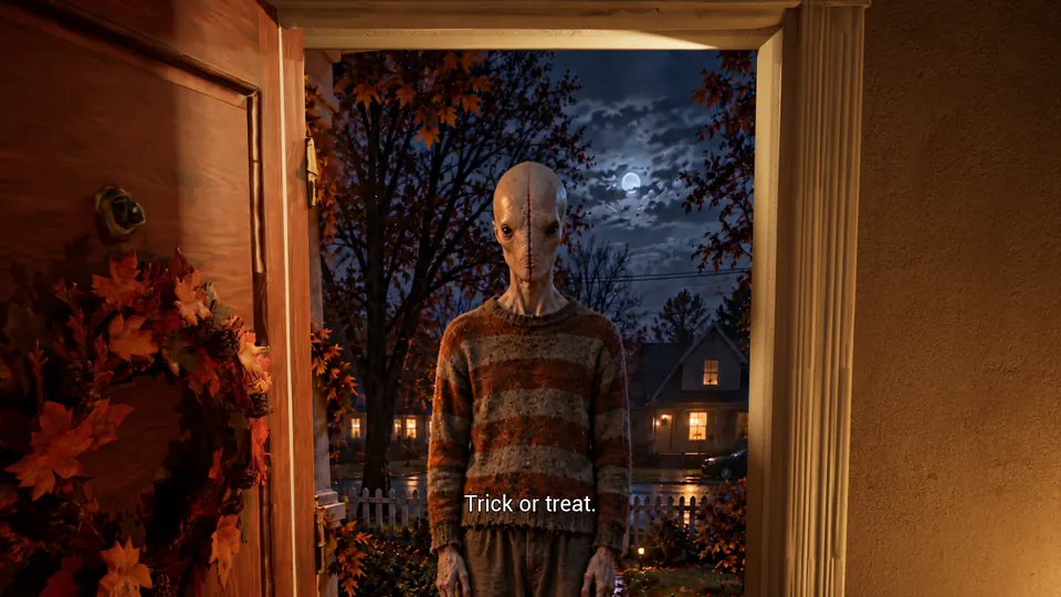 A pale, hairless figure in a striped sweater at the door, saying trick or treat