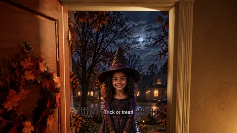 A smiling girl in a witch costume on the porch, saying trick or treat
