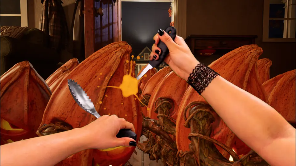 First-person view with a knife and a pumpkin scooper against a crowd of living pumpkins