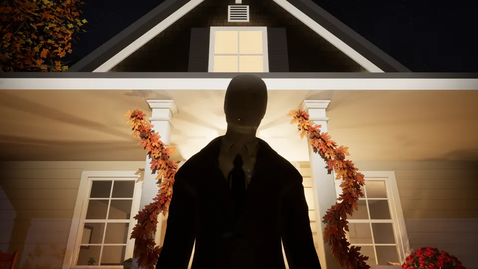 A faceless figure in a suit stands silhouetted in front of the lit porch